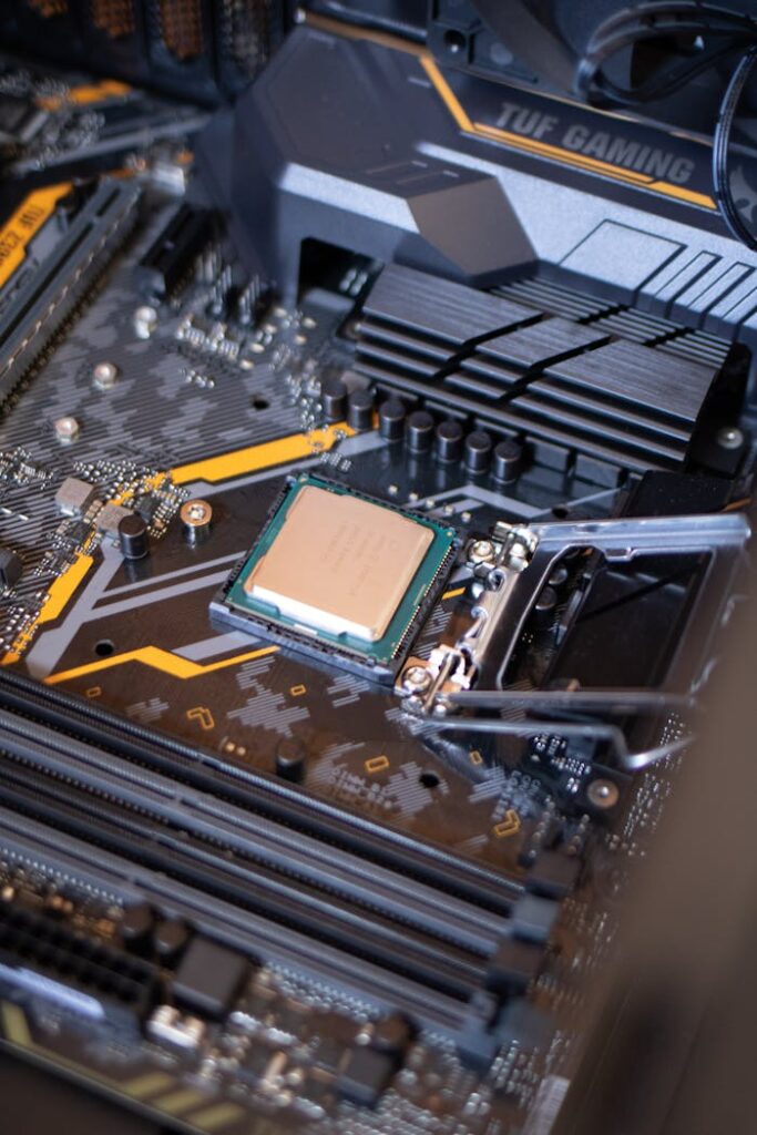 Detailed view of a motherboard with an exposed CPU, showcasing technology components.