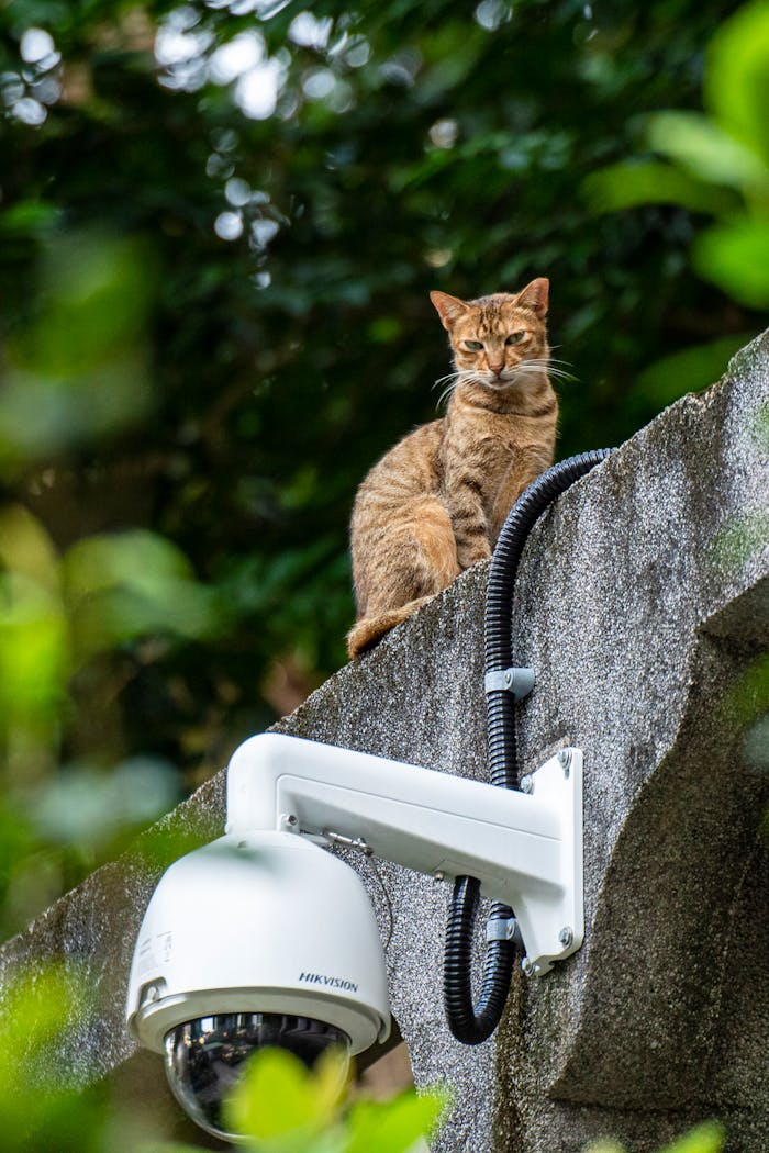 A tabby cat perched on a concrete wall beside a dome CCTV camera.